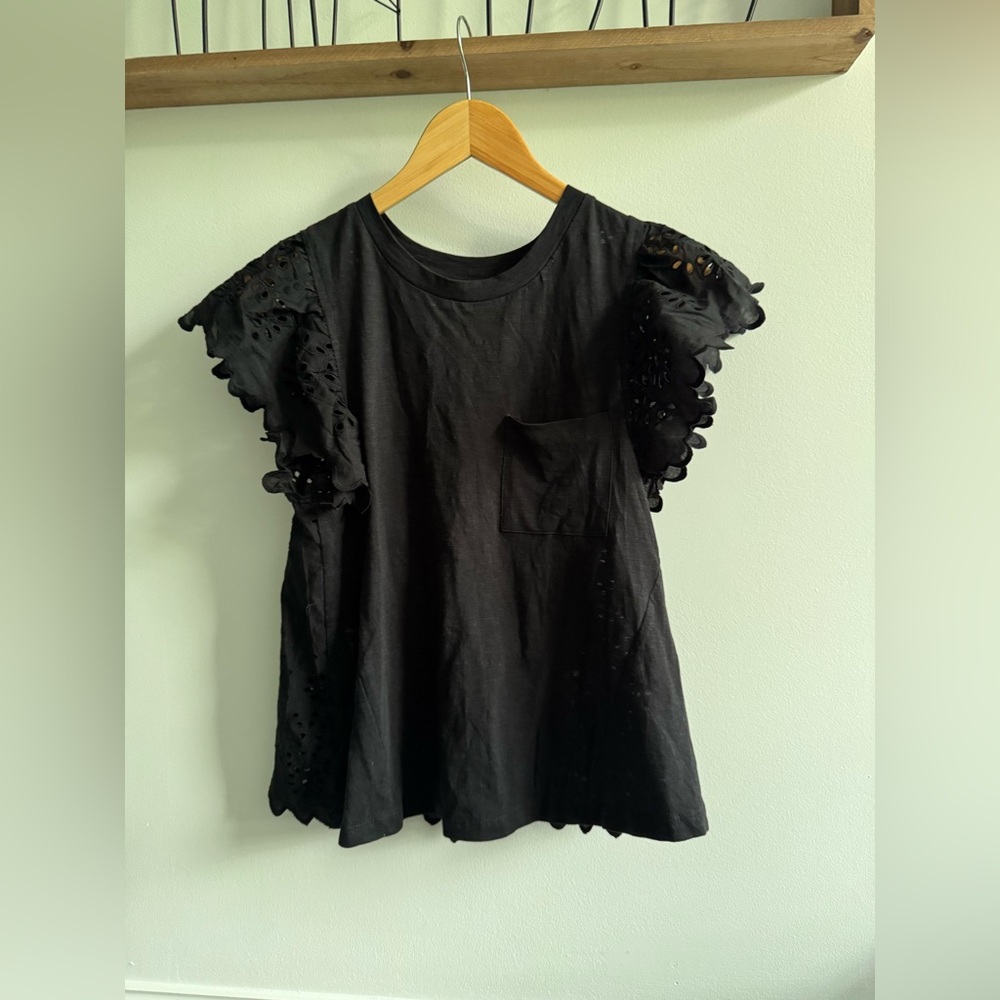 ANTHROPOLOGIE Black Eyelet Sleeve Women's Top